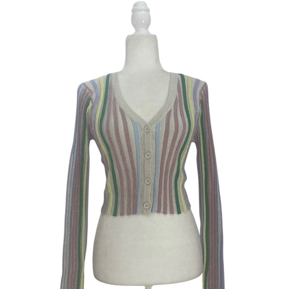 Lulus NWT Eye-Catching Trend Taupe Multi Striped Ribbed Cardigan Top - Picture 5 of 14